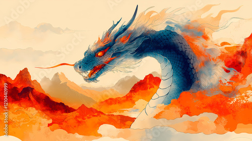 Fantasy dragon, ethereal, watercolor painting, vibrant blue and orange, fiery clouds, mythical creature, swirling colors, celestial, elegant, fluid brush strokes, traditional Chinese art influence photo