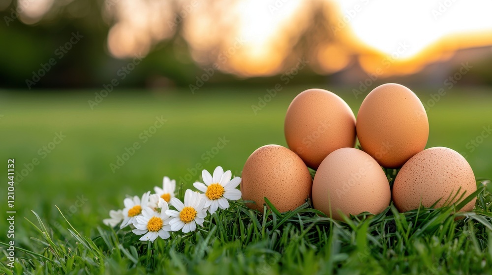 Spring Eggs in Grass with Daisies at Sunset Spring Eggs in Grass with Daisies at Sunset