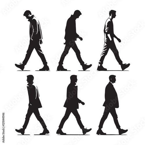 Realistic set of walking man silhouette digital art for authentic and lifelike designs - man walking vector set - man walking illustrations set
