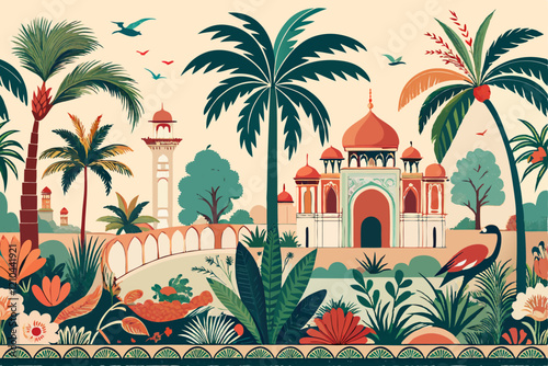 Indian toile jungle seamless border. Tropical palm tree, plants, architecture, peacock mural.