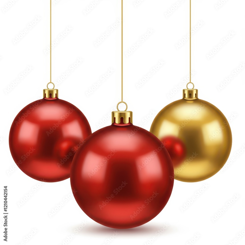 A set of Christmas ball two in vibrant red and one in shimmering gold, hanging on thin strings isolated on white background A set of Christmas ball two in vibrant red and one in shimmering gold, hanging on thin strings isolated on white background