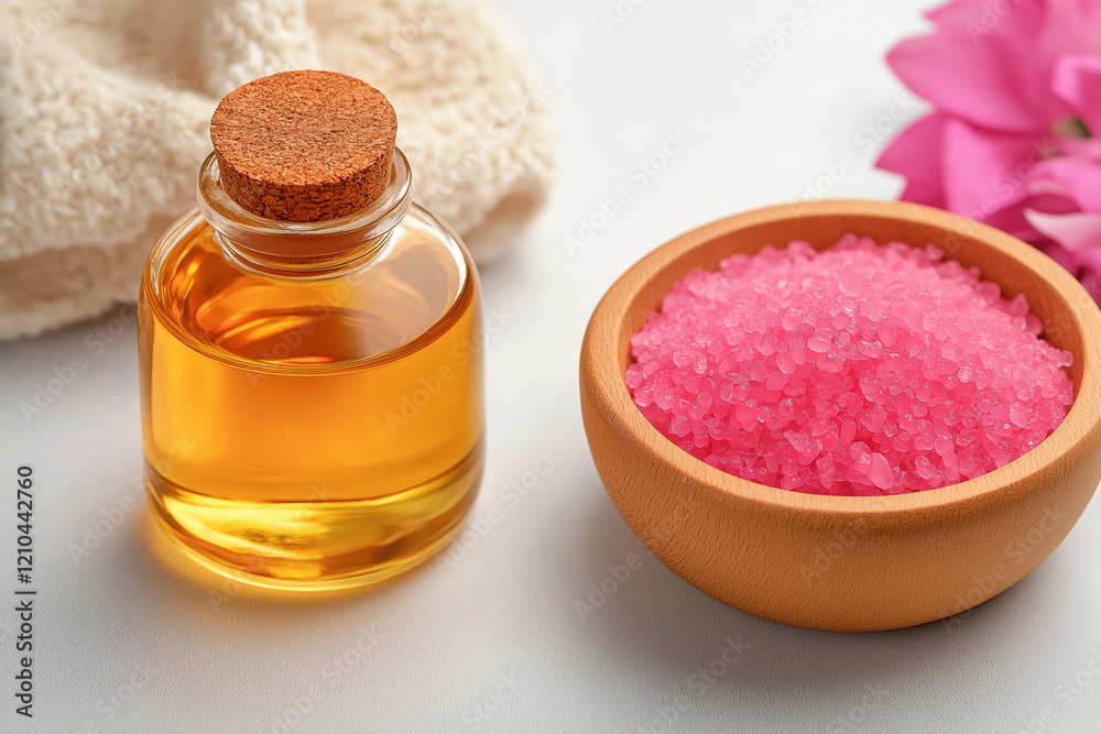 Relaxing spa setting with essential oil and pink bath salts on a light background Relaxing spa setting with essential oil and pink bath salts on a light background