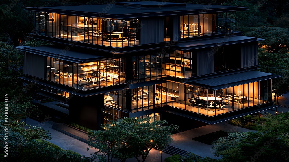 Modern architectural masterpiece at night showcasing illuminated workspaces surrounded by greenery Modern architectural masterpiece at night showcasing illuminated workspaces surrounded by greenery