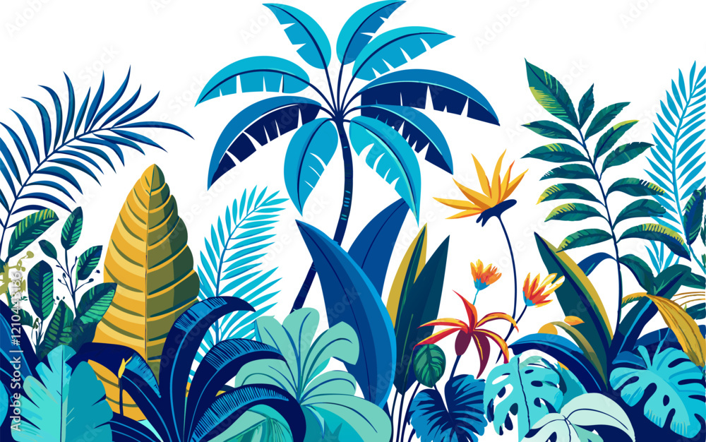 Toile tropical vintage botanical palm trees, banana tree, plants seamless border white background. Blue jungle mural.