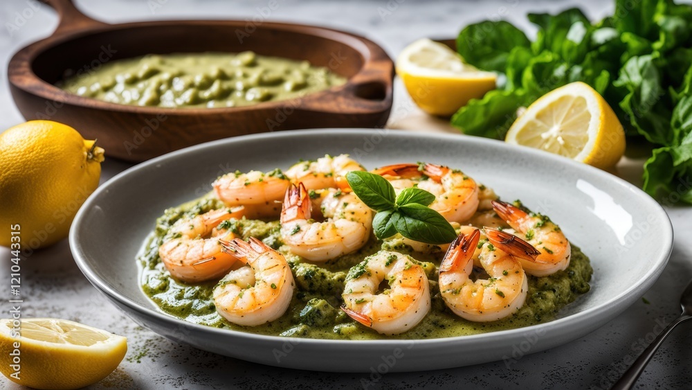 Shrimp with pesto sauce and lemon. The shrimps are placed on a white plate and garnished with lemon halves and fresh basil sprigs. Shrimp with pesto sauce and lemon. The shrimps are placed on a white plate and garnished with lemon halves and fresh basil sprigs.