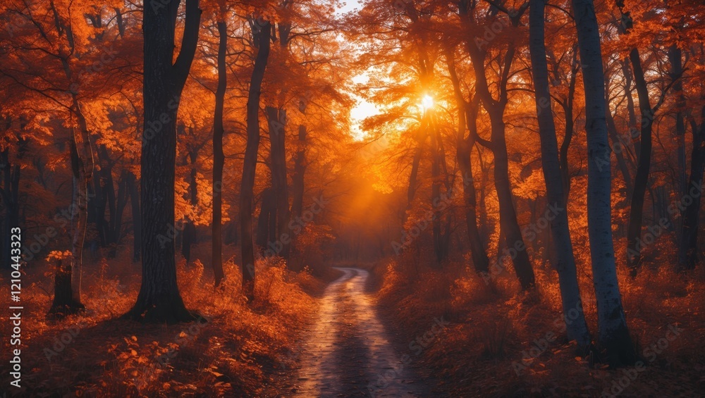 Fototapeta premium Vivid autumn sunset over forest pathway
