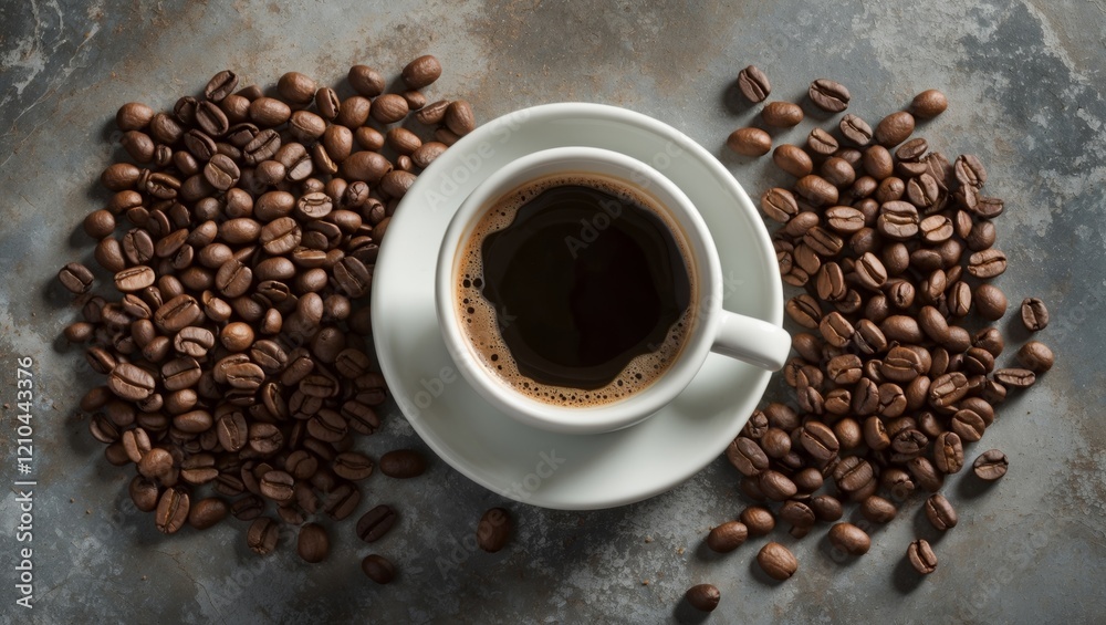 Naklejka premium Warm coffee cup beside roasted beans on rustic surface
