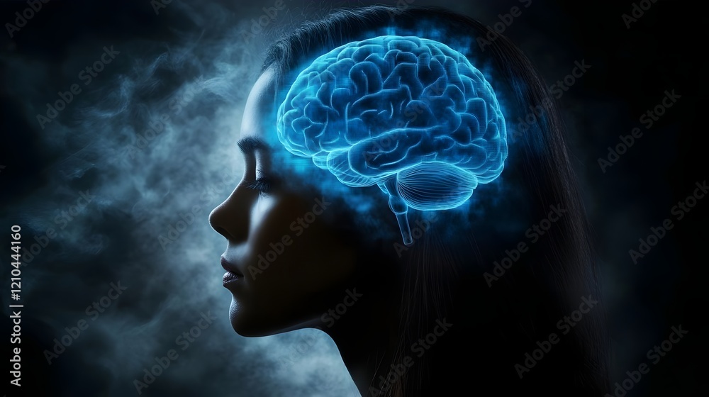 Obraz premium A silhouette of a woman with a glowing brain overlay, symbolizing thought and intelligence.