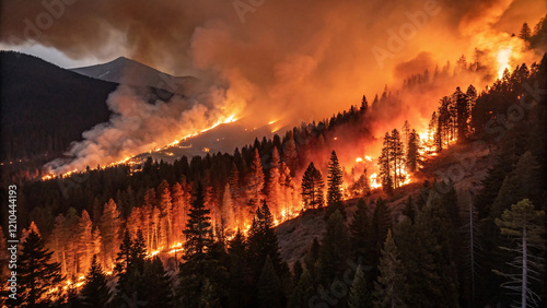 Wildfire in Forest at Night photo