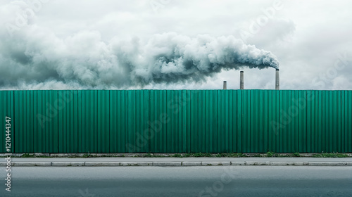 une palissade verte cache une usine polluante qui crache de la fumée dans l'atmosphère photo