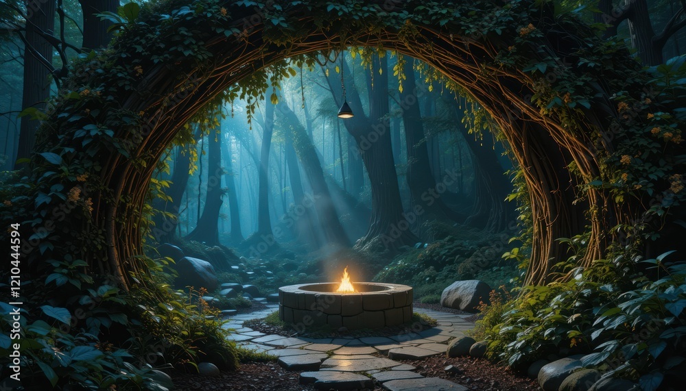 Mystical forest fire pit, magical archway, fantasy background, game design Mystical forest fire pit, magical archway, fantasy background, game design