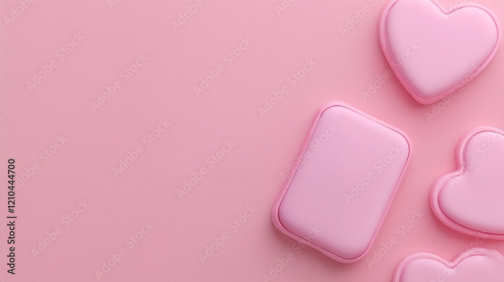 Pink heart-shaped decorations and a rectangular box on a pastel pink background, playful design, copy space Pink heart-shaped decorations and a rectangular box on a pastel pink background, playful design, copy space