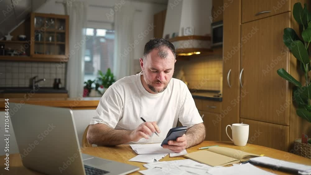 A man is sitting in a kitchen checking bills on a computer. The table is cluttered with a calculator, papers, invoices, and letters, emphasizing financial tasks and household management. A man is sitting in a kitchen checking bills on a computer. The table is cluttered with a calculator, papers, invoices, and letters, emphasizing financial tasks and household management.