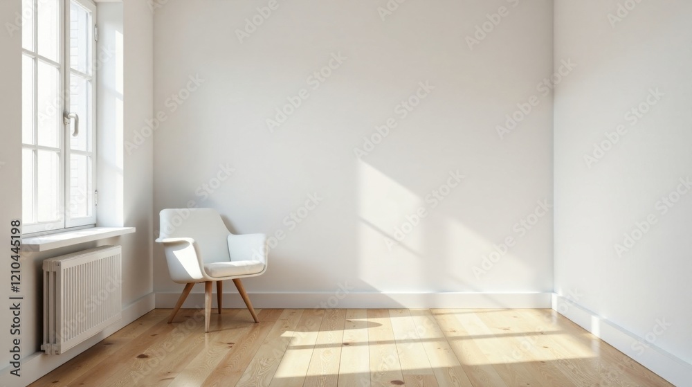 Fototapeta premium Serene Minimalist Room Interior Design with a Single Modern Chair, Sunlight Streaming Through a Window, and Light Wood Floors