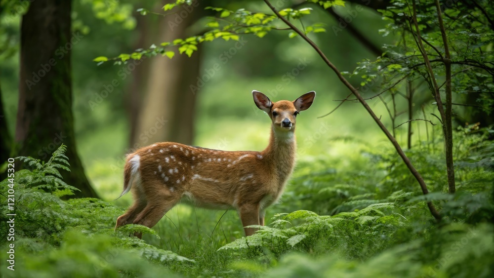 Adorable fawn with a white patch on its forehead surrounded by lush green forest foliage, cartoon animals, nature art Adorable fawn with a white patch on its forehead surrounded by lush green forest foliage, cartoon animals, nature art