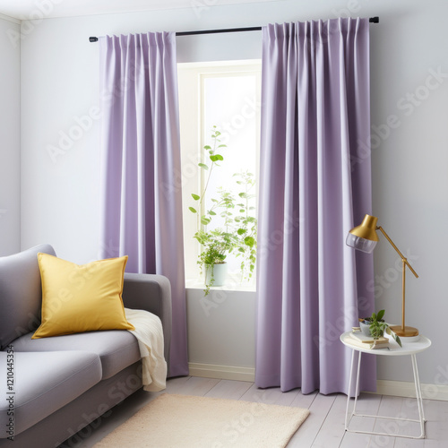 Heavy fabric curtains in modern bedroom, white walls and wooden furniture, miminal interior design