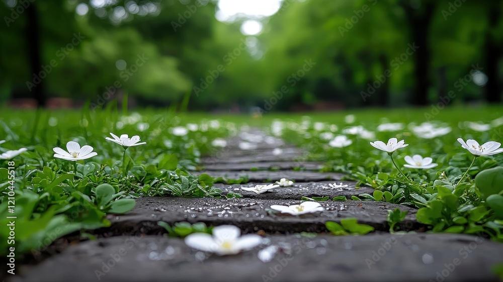 Fototapeta premium White Flowers Path, Green Nature, Spring