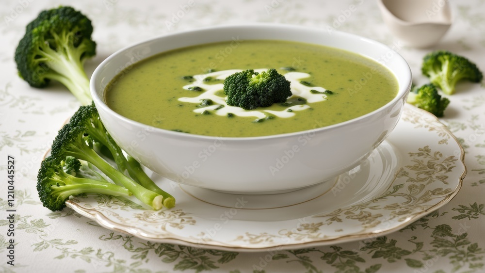 Creamy broccoli soup. A delicate mashed soup with a fresh sprig of broccoli. Creamy broccoli soup. A delicate mashed soup with a fresh sprig of broccoli.
