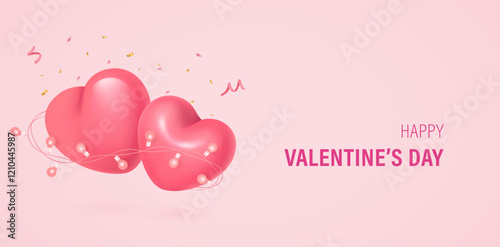 Happy Valentine's Day card with 3d realistic heart, gift box, rainbow and cloud. 