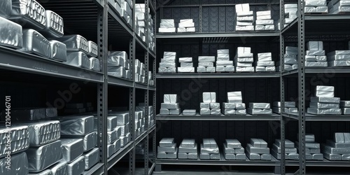 Aluminum Alloy Ingots on Metal Shelves in an Industrial Storage Room, raw materials, aluminum alloy, melting point