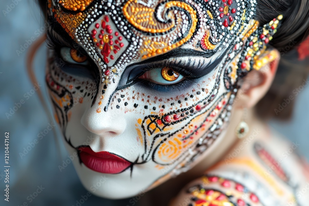 Naklejka premium Traditional makeup with intricate details, combining bold colors and cultural symbolism