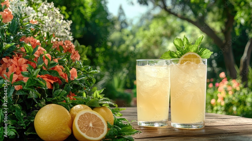 Fototapeta premium Refreshing lemonade drinks on garden table