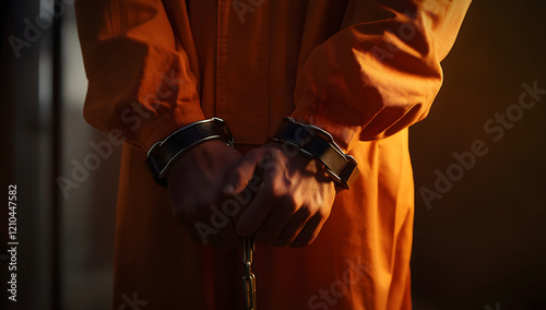 A handcuffed criminal in an orange jumpsuit stands trial in a cinematic courtroom close-up. The lawbreaker is sentenced to jail time for their crimes.