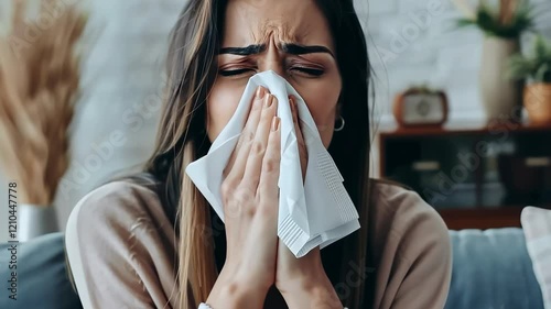 Woman Sneezing Due to Allergies Indoors
