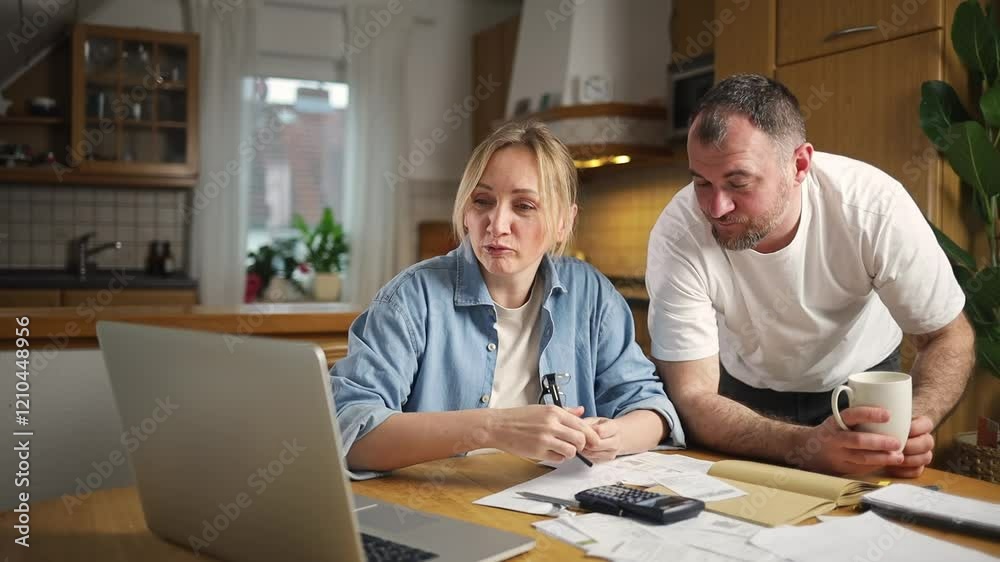 couple sits at table and discusses financial documents in front of laptop. The man points at screen, woman thoughtfully studies finances. Papers, calculator and notepad are scattered on table. couple sits at table and discusses financial documents in front of laptop. The man points at screen, woman thoughtfully studies finances. Papers, calculator and notepad are scattered on table.