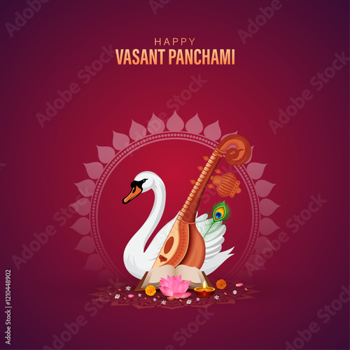 Saraswati  Puja Poster, Happy Vasant Panchami with Swan, Veena, and Lotus. Vasant Panchami Poster, 
