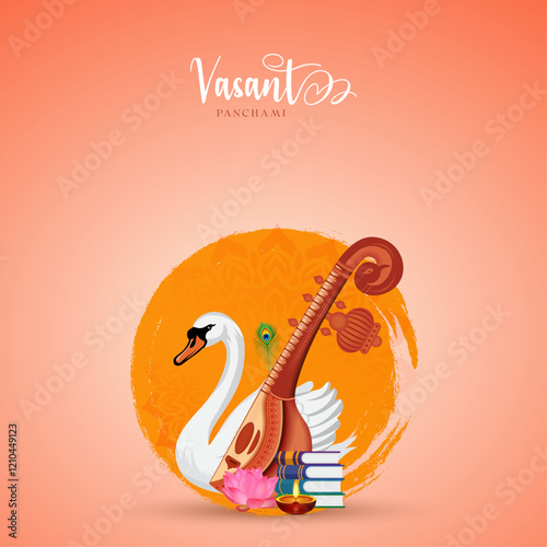 Vasant Panchami with Swan, Veena, Books, and Diya. Vasant Panchami Poster


