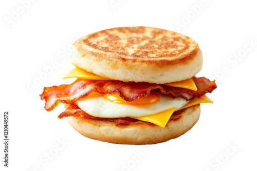 Delicious breakfast sandwich with bacon cheese and egg on a toasted english muffin