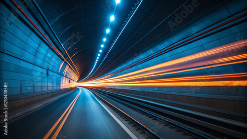 Dynamic Light Trails in Tunnel with Railway Tracks