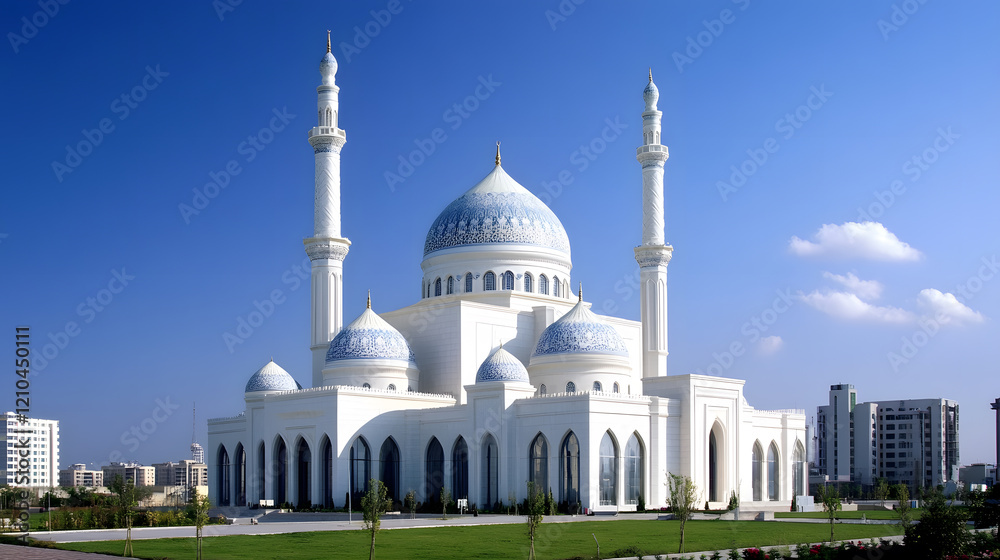 Fototapeta premium Majestic White Mosque with Blue Domes and Minarets in Sunny Cityscape : Generative AI