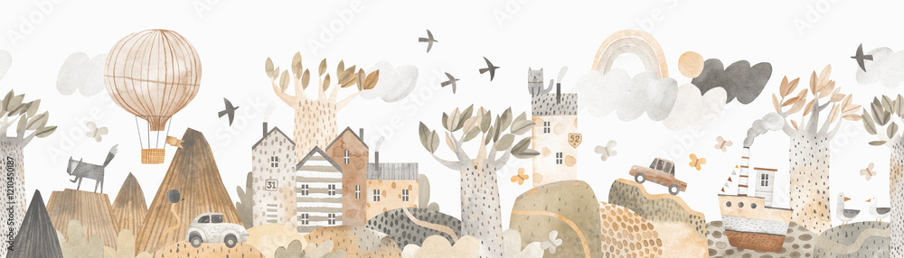 custom made wallpaper toronto digitalCute landscape, hills, trail, mountains, lake and ship, clouds and ballon, cars. Watercolor illustration. Children's horizontal wallpaper. Landscape border. Seamless pattern.