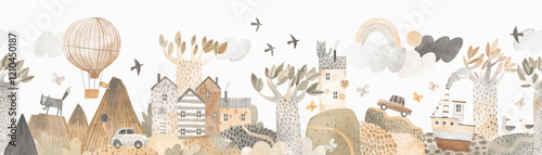 Wallpaper Mural Cute landscape, hills, trail, mountains, lake and ship, clouds and ballon, cars. Watercolor illustration. Children's horizontal wallpaper. Landscape border. Seamless pattern. Torontodigital.ca
