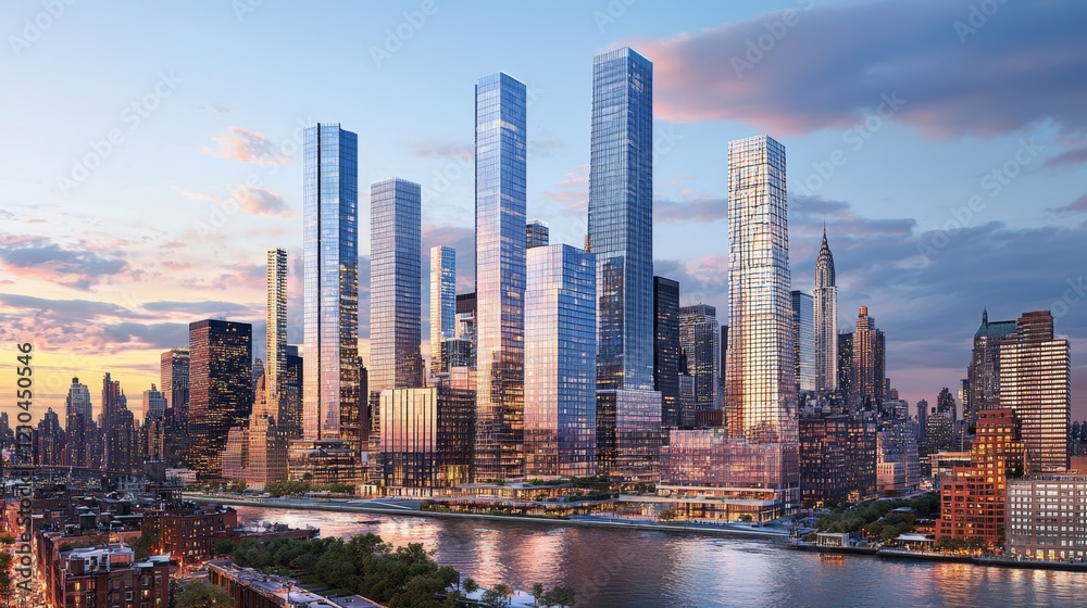 Obraz premium Photorealistic cityscape of a modern urban skyline featuring tall skyscrapers, sleek glass facades, and high-rise office buildings