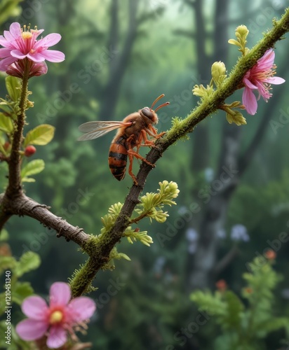 A tiny gall wasp perched on a forest branch with flowers , twig, wildlife pictures