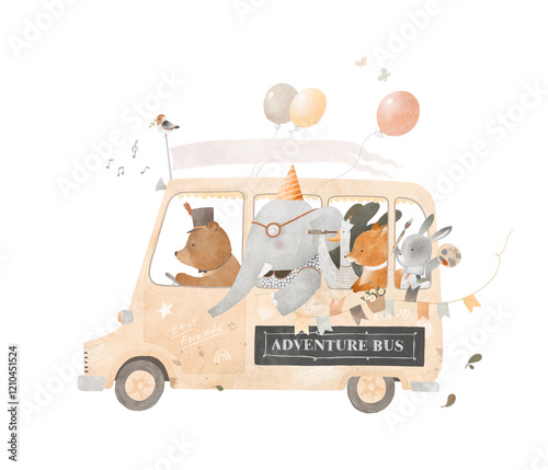 Wallpaper Mural Animal friends are riding a bus. Big adventure. Decor for children's room, poster, postcard, drawing on a T-shirt. Watercolor illustration. Vintage style. Torontodigital.ca