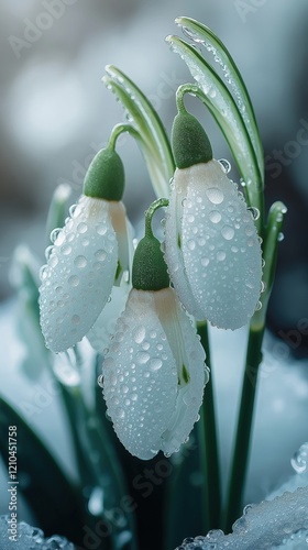 Delicate snowdrop flowers adorned with raindrops in soft focus