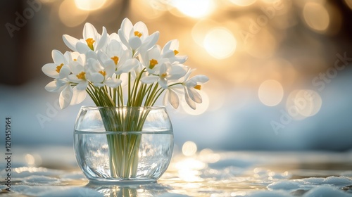 White flowers in a glass vase, beautifully illuminated by soft sunlight