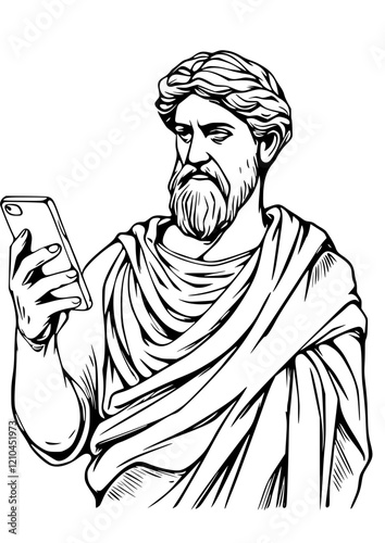 Classical Greek Figure Engaging with Modern Device in Traditional Etching Style with Minimalist Background
