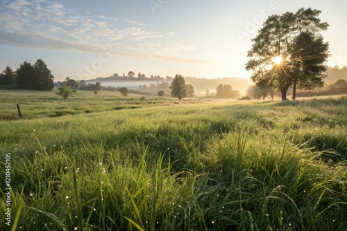 A tranquil meadow bathed in warm sunlight and dew-kissed grass, , rural area