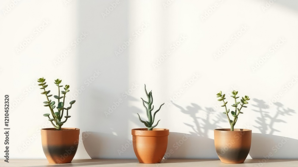 Fototapeta premium A trio of potted succulents stood out against the plain backdrop of an empty white wall as their shadows stretched and morphed with each movement, indoor garden, office decor, plant arrangement