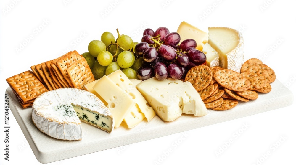 A gourmet cheese platter with an assortment of aged cheeses, crackers, and grapes A gourmet cheese platter with an assortment of aged cheeses, crackers, and grapes