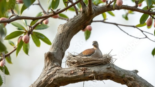 A turtledove settles into its cozy nest at the crook of an almond tree's gnarled branch, feathers, almond tree, nesting site