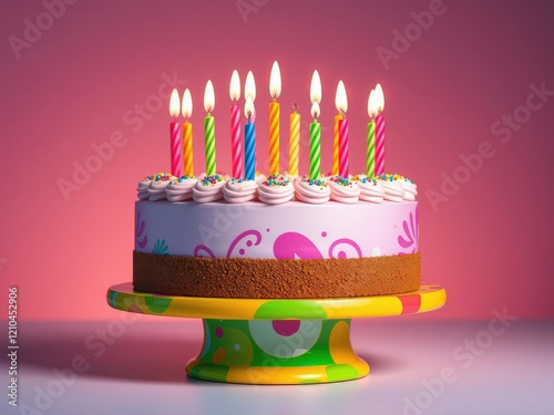 A vibrant birthday cake with multicolored candles on a colorful ceramic cakestand, festive decor, fun atmosphere, colorful ceramic cakestand photo