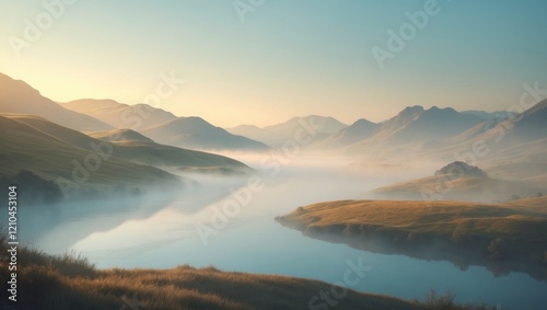 Fog over the mountain lake, morning
