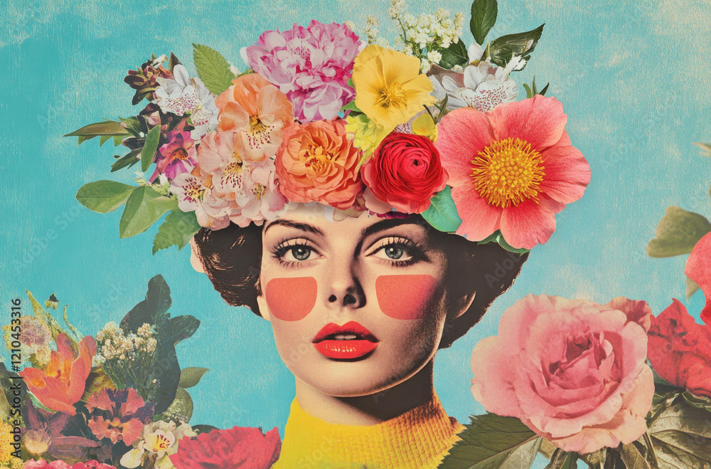 A striking portrait features a woman adorned with an array of flowers in her hair and bold makeup, creating a vivid contrast against a blue background that enhances her beauty and artistic flair. A striking portrait features a woman adorned with an array of flowers in her hair and bold makeup, creating a vivid contrast against a blue background that enhances her beauty and artistic flair.