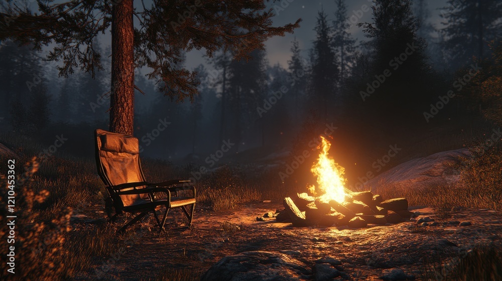 Cozy campfire scene with a chair in a serene forest at night Cozy campfire scene with a chair in a serene forest at night